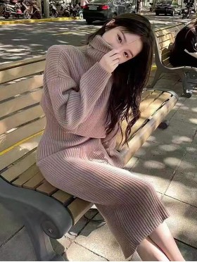 Solid Color Ribbed Sweater and Dress Set